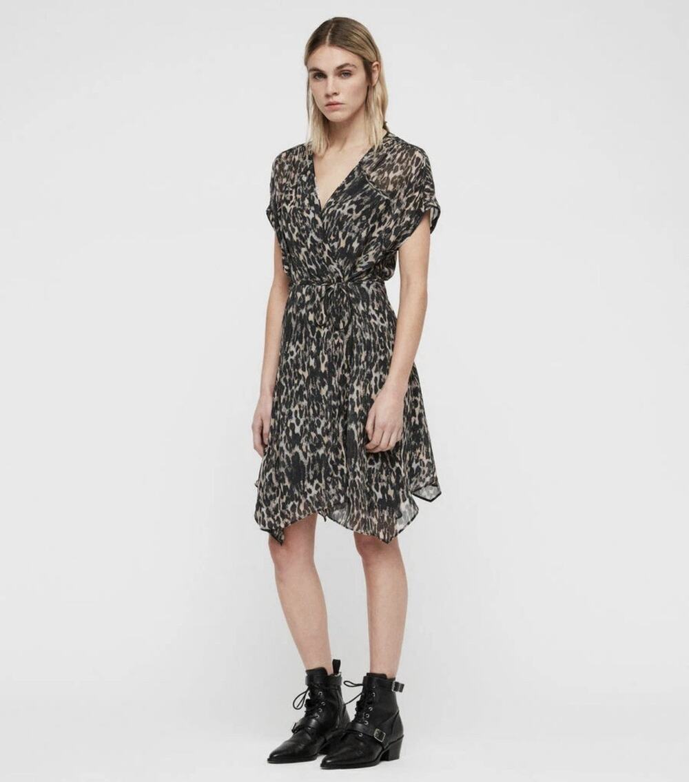 AllSaints Claria Leopard Print Faux Wrap Mini Dress V-Neck Sheer Asymmetric